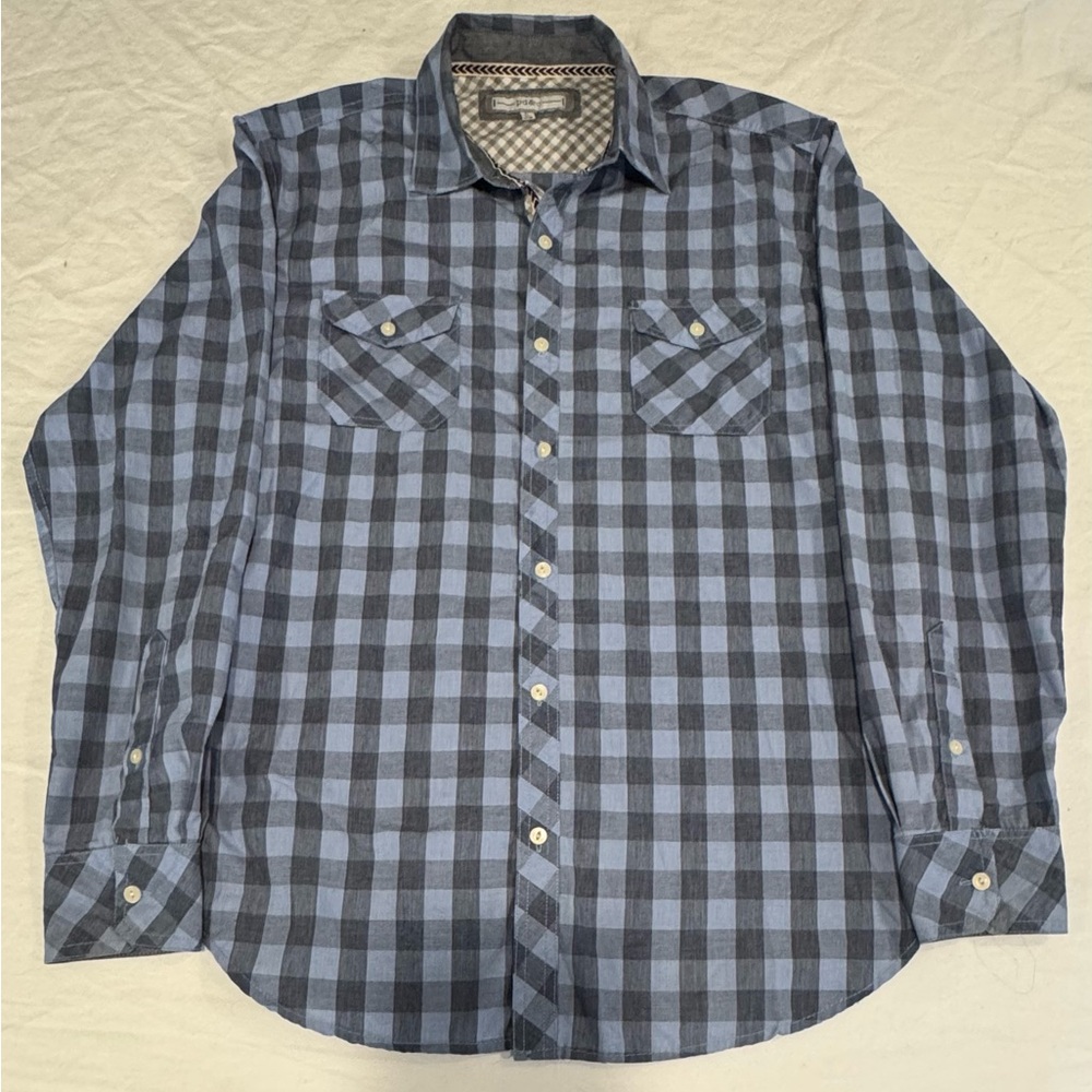 PD&C Men's Blue Red Gray Size L 100% Cotton Long Sleeve Button Down Shirt Plaid